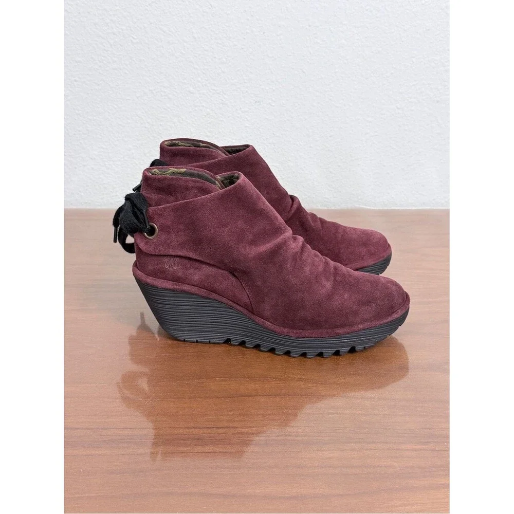 Fly London Yama Burgundy Suede Wedge Ankle Booties 38